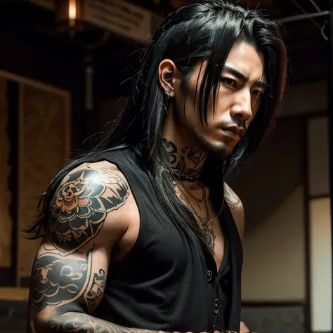 1 man, Japanese man, male, Asian eyes, muscular, broad shoulders, yakuza tattoos, hairstyle Visual Kei style, hair Visual Kei, black mens shirt and black pants, ultra detailed face, hyperrealistic, realistic representation, long hair, long hair, 30 years o...