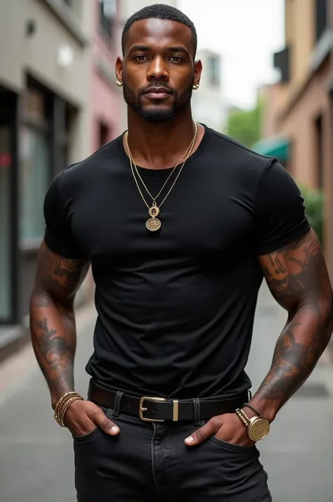 tall Handsome tattooed man Biracial Trinidadian man,black buzz cutt , brown eyes;attractive dimples;stubble facial hair;muscular body;wearing beautiful black t shirt ;black jeans;wearing Trevor necklace;posing in downtown