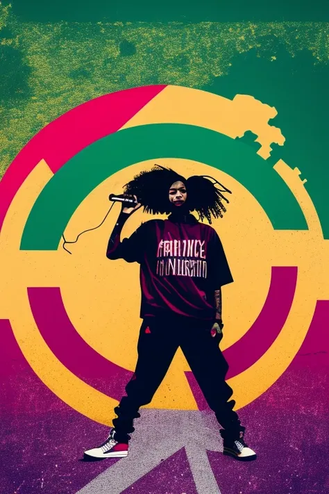 A background filled with scattered musical notes in various sizes and colors、

Creative logo illustration of a silhouette with dreadlocks and red headphones, 
Banksy、
A background completely filled with scattered musical notes in various sizes and colors, ...