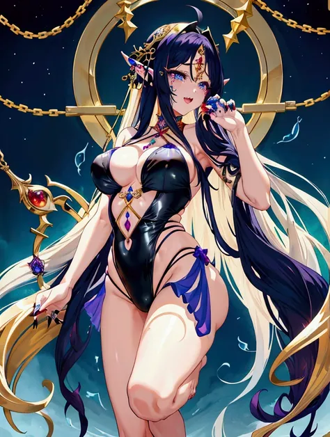 Best Quality, masterpiece, Ultra-high resolution, female、Big Breasts、魔物female、Petite、Dark purple skin、The skin is lustrous、Long Hair、Blonde、Elf ear shape、Long golden eyelashes、Eyebrows in a V shape、Cross-eyed、Laughs and Tears、Blue Eyes、Black nail polish、Sl...