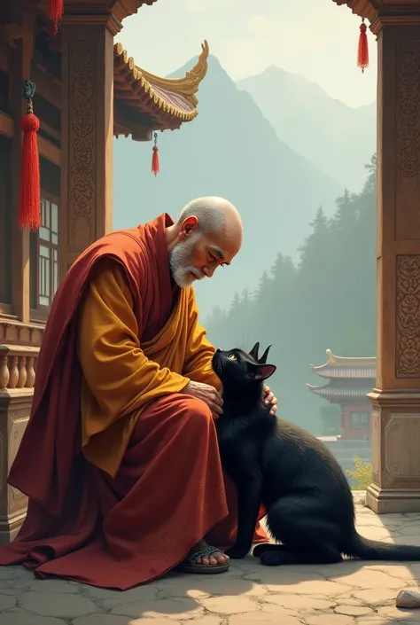 Tibetan Monk playing with black cat