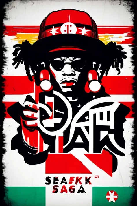 A background filled with Japanese flag in various sizes and colors、
Creative logo illustration of a silhouette with dreadlocks and red headphones, 
Banksy、
A background completely filled with scattered musical notes in various sizes and colors, covering th...