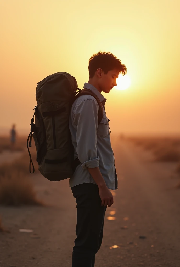 A unknown 21 year old boy on the way no one knows the destination vibe like inspirational make sure that only one boy in the photo with a bag full of dreams who lost everything in his life so early so that he is now happy alone 

Please make it with a 2 bo...