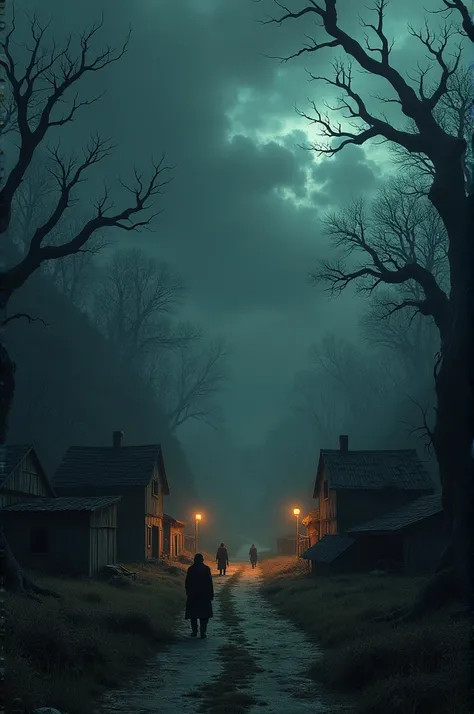 A remote village at dusk, with a dark, foreboding atmosphere. The village is on the edge of a sinister-looking forest.Prompt: “A remote village at dusk with dark, ominous skies. The village is near a dense, eerie forest with a spooky, abandoned appearance....