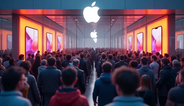 3D cartoon animation, 3D render, crowd of people, long queue, state-of-the-art Apple store, Apple logo, glowing iPhone 17 posters, technology atmosphere, glass doors, excitement, 8K, photorealistic, highly detailed, dynamic lighting, vibrant colors, cinema...