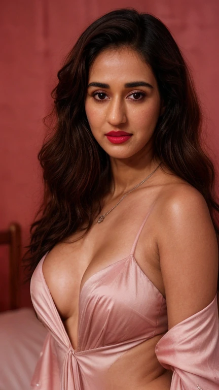 close up photo of disha patani in silk night wear,(bedroom)., hourglass figure, swooping breasts, sweaty@deep cleavàge, seductive eyes,  sultry, look at viewer and subtle smile, red lips, necklace, 4K, HD, looking at viewer, indian actress, 30 year old fle...