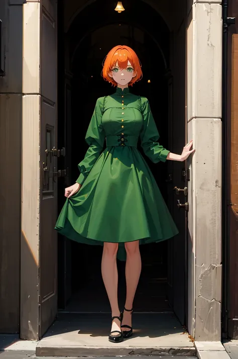 1woman, short orange hair, green eyes, tall, dress, standing on ground, high res, ultra sharp, 8K, masterpiece