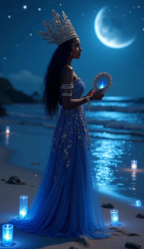 Create a photo of a black African woman, Queen, an entity called iemanja from umbanda with a long indigo blue and silver dress, wearing a crown of seashells, long black hair down to her feet on a beach enchanted with fireflies and shiny rocks, blue candles...