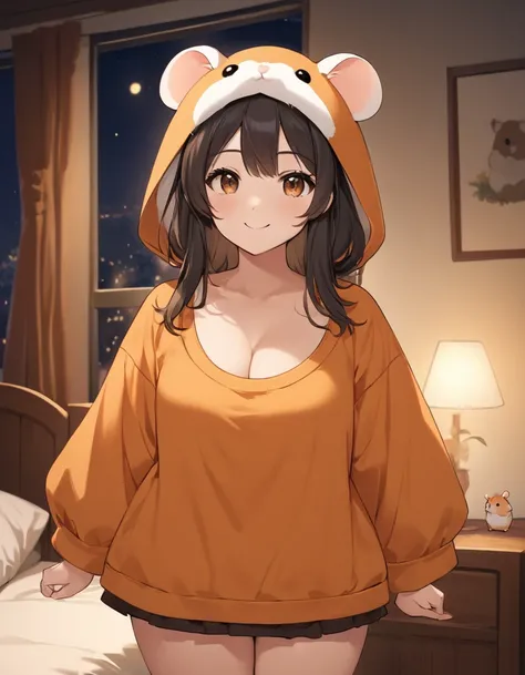 4K, Best Quality, detailed, detailed scenery, detailed eyes, One girl, cute, Adorable, Straight hair, Long Hair, Black Hair, Brown eyes, Cleavage, smile, Looking into the camera, Standing, bedroom, night, (A comical hamster costume, Orange brown costume, E...