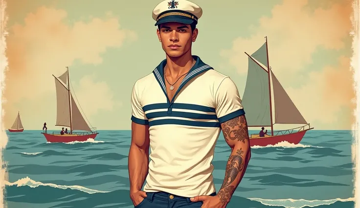 A 1950s-style image depicts a young man wearing a white t-shirt with navy blue stripes and a sailor&#39;s cap. The background of the image features nautical motifs such as sailboats and waves, creating an atmosphere linked to the nautical and sailing theme...