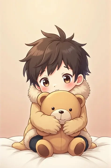 anime style:1.5, chibi boy, with fur coat, hugging a teddy bear, fluffy and tender