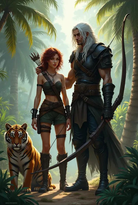 Beautiful young female ranger with shoulderlength unruly curly dark red hair, leather armour, with longbow and big dark golden jaguar cat, and male necromancer, scarred, skinny, with long thin white hair, black leather armour, long magic staff, young tiger...