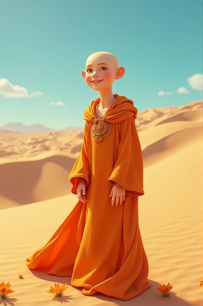 Cute orange outfit bald prince in desert