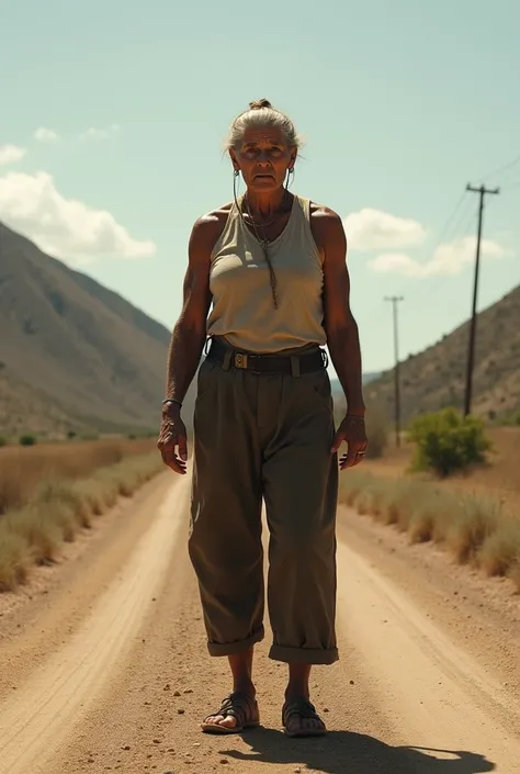 Muscular old ladya standing in a middle of a road