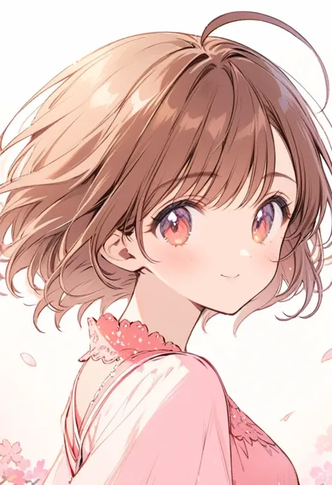 Cheerful girl、Brown Hair、Short Hair、Outward curled nape、Ahoge、Sakura colored blouse、Upper Body、front