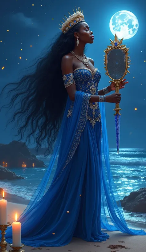 Create a photo of a black African woman, Queen, an entity called iemanja from umbanda with a long indigo blue and silver dress, wearing a crown of seashells, long black hair down to her feet on a beach enchanted with fireflies and shiny rocks, blue candles...