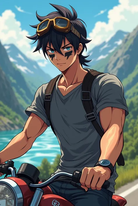 Cute hot boy , wearing a googles, and black paint, and grey shirt , warm colour , long hair , fitness and cute, name kartik , background mountain and river , anime , drive a bike.