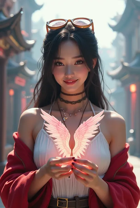 Beautiful Asian woman in white fantasy dress and red steampunk cloak with glasses on her head. She smiles broadly and mysteriously. She hands a plastic model of light pink-purple angel wings on her side towards the camera with her hand. Background is a fan...