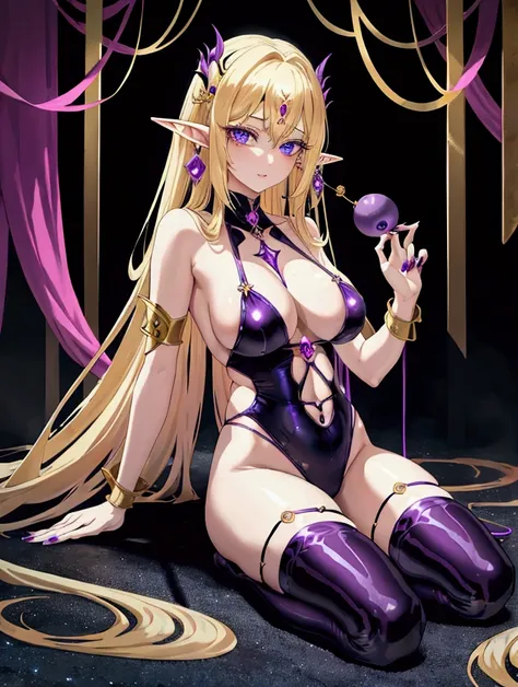 Best Quality, masterpiece, Ultra-high resolution, female、Big Breasts、魔物female、Petite、Chest 1 meter、Purple monster skin、Purple body、The skin is lustrous、Long Hair、Blonde、Elf-shaped ears、Long golden eyelashes、Evil look、Blue Eyes、Black nail polish、Only plain ...