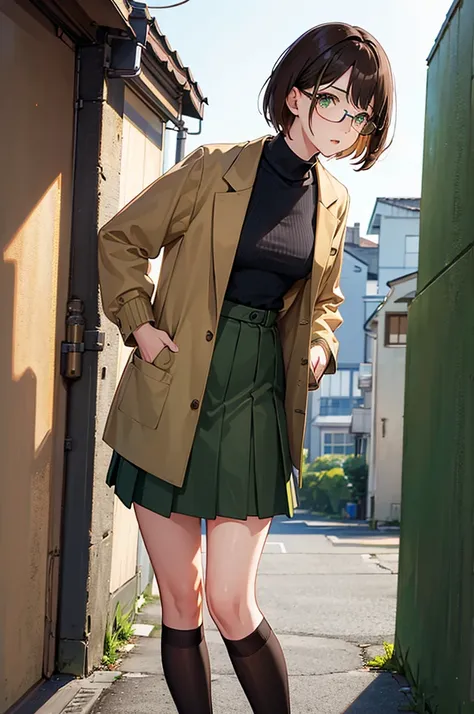 1woman, short brown hair, green eyes, glasses, skirt, sweater, lab coat, standing on ground, high res, ultra sharp, 8K, masterpiece