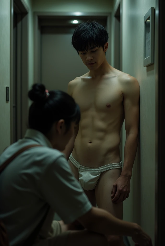 Handsome Japanese man 1、Completely naked、Full nudity、完全Completely naked、Slim body、Photorealistic、photograph、Cute and beautiful idol-faced handsome guy、Sad look、Standing next to the elevator in your apartment、In the foreground, a man wearing a polo shirt an...