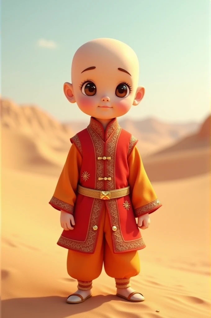 Cute small red and orange outfit bald prince in desert 