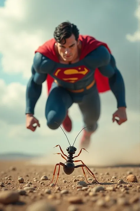 Make a picture of the superhero Superman and the ant, make them face each other, make it with version 9:16.4K