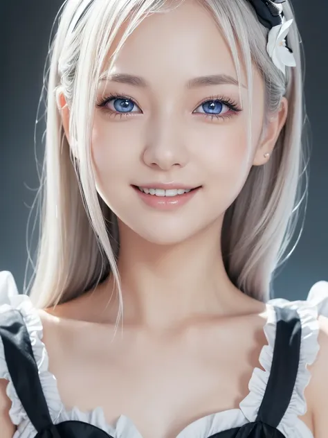 (She is a very young Japanese maid dressed in a black and white maid outfit:1.25).She is very talented, obedient and devoted to her master.。Silky smooth and straight platinum blonde hair.Pale blue eyes.(Attractive eyes,Droopy eyes.Bright smile:1.5).Perfect...