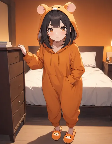 4k, bestquality, detailed, detailed scenery, detailed eyes, 1Girl, cute, adorable, straight hair, long hair, black hair, brown eyes, cleavage, smiling, looking at the camera, standing, bedroom, night, BREAK (orange theme:1.5), (orange hamster kigurumi with...