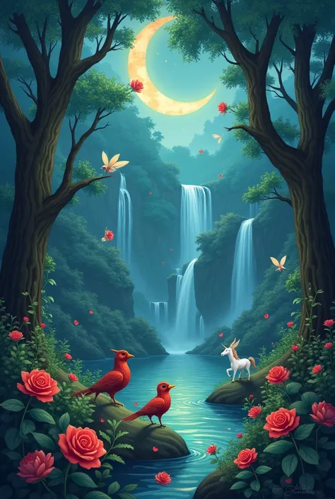 a magical forest with fairies, goblins, Water Falls, mystical animals, a starry sky and a bird kissing a red rose in front of a crescent moon