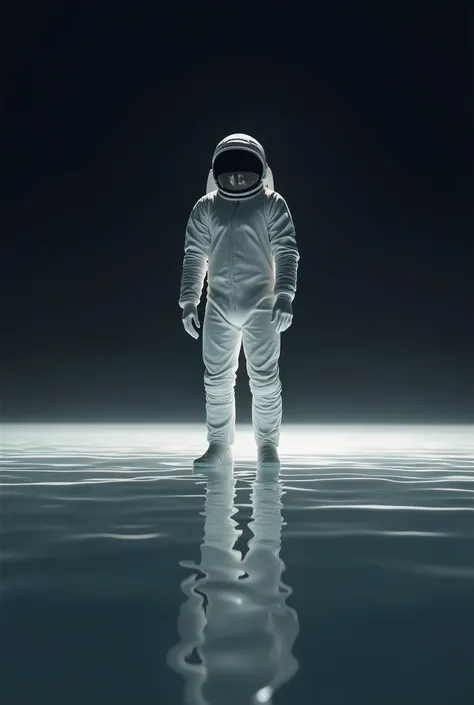 An astronaut，Standing on the sea，Water reflection，White spacesuit，Dark background，space photography，Minimalism，Wide-angle lens，Backlit shooting，Symmetrical composition，High contrast