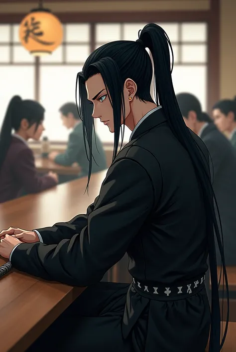 Start, has long black hair, tied in a high ponytail, The remaining hair that falls from the ponytail is wrapped in the same ponytail, a male bond, He has hair that falls over his forehead but it is very small., (It is because most of her hair did not go in...