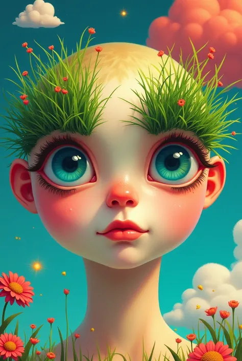 Illustration of a face with grass growing out of its eyes。Pop。