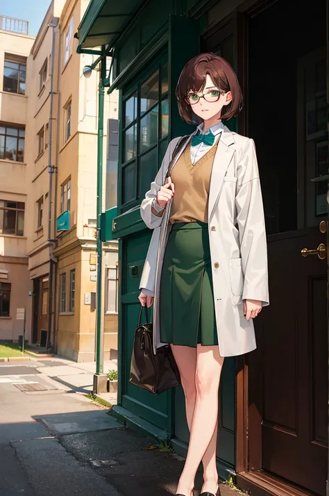 1woman, short brown hair, green eyes, glasses, skirt, sweater, lab coat, standing on ground, high res, ultra sharp, 8K, masterpiece