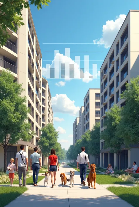 Image of a condominium with people walking their pets and an overlay of sales graphs and pet icons.