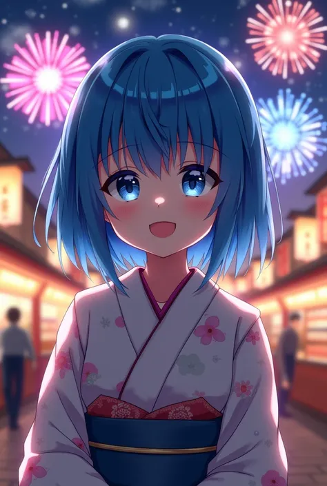 masterpiece, Best Quality, High resolution, Very detailed,(((Blue Hair Girl))), (((yukata)))、(((smile))), (((No eye highlights))), (((blush))), (((night))), (((firework))), (((stall))), (((Japanese Anime)))