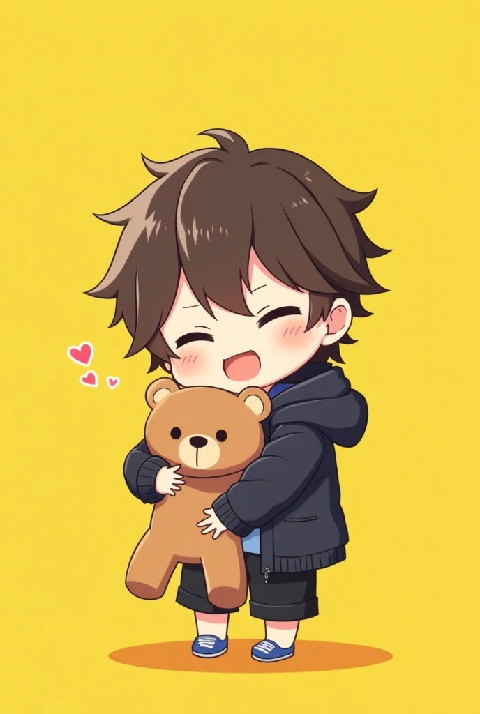 anime style:1.5, chibi boy, with blue t-shirts, black jakcket , hugging a teddy bear, fluffy and tender, black short, yellow background 