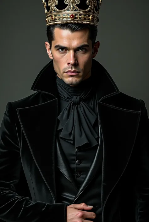 Do the David Gandy ((Inspire-se em David Gandy)) A handsome and dashing man, with adult masculine features, black eyes and short black hair. She is facing, stopped, in the black robes of an evil Victorian King and a king&#39;s crown. ULTRA resolution, high...