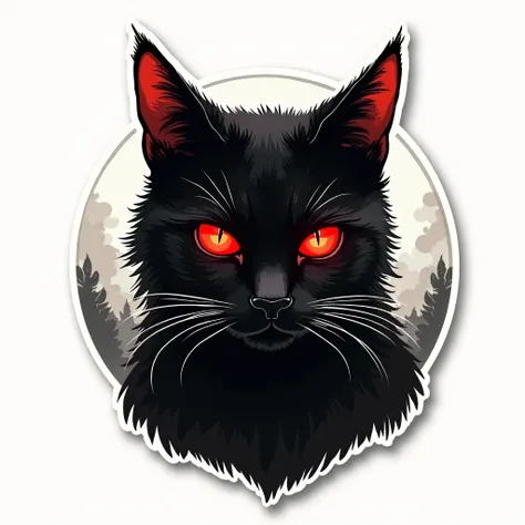 sticker no shadow , japanese minimal, on White background , Black ink lines with soft watercolor accents. Border trim around 30px, (high resolution) , no noise pixel ,((masterpiece)), parody design The Bell Witch cat , fear red eyes cat, vintage ,8K Octane...