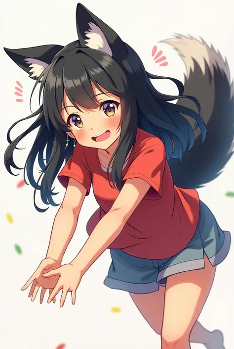 1 girl, Wolf ears, Long hair, black hair, earrings, happy, Simple background, throw, Excited