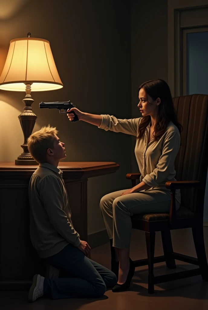 realistic image, In a dark room at night with only the light of a lamp, A brown haired woman sitting in a chair pointing a gun into the mouth of a young blond man kneeling at her feet, full picture 