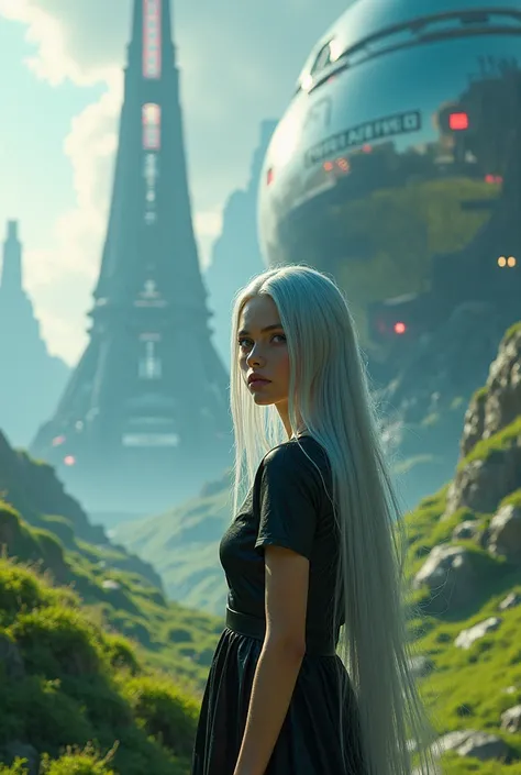 A captivating, photorealistic portrait of a breathtakingly beautiful alien girl with long, shimmering silver hair, her piercing gaze locking onto the viewers soul. Against the lush, green planets vibrant backdrop, the majestic space tower rises majesticall...