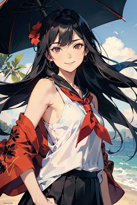 Kaho, Characters from "SEX" by Atsushi Kamijo, Symmetrical Neat Straight bangs, Shiny black hair, Long hair and great style, Long limbs, Attractive Large long eyes, very beautiful face, Sailor suit without a tie, Long uniform skirt, ear piercings, Hibiscus...