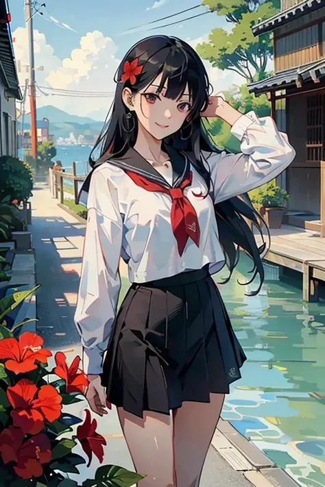 Kaho, Characters from "SEX" by Atsushi Kamijo, Symmetrical Neat Straight bangs, Shiny black hair, Long hair and great style, Long limbs, Attractive Large long eyes, very beautiful face, Sailor suit without a tie, Long uniform skirt, ear piercings, Hibiscus...