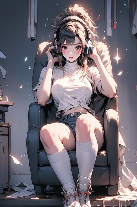 horn, white t-shirt, knee-high socks, wearing headphones, gameroomconcept, machine, computer, keyboard, gaming chair, rgb lighti...