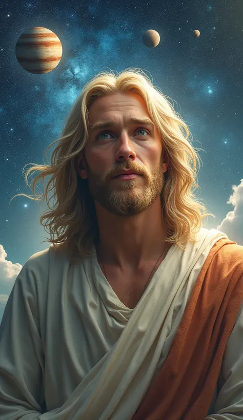 A beautiful sky The planets and the universe are beautiful. Jesus has blonde hair and blue eyes, looking straight into the camera, scarf behind his head, long hair, natural face.