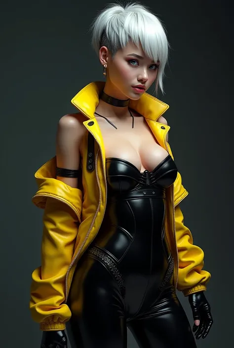 clothing: ((open Yellow rubber vest, high-cut glossy finish, tight fit, high-cut waist,)), Rubbery, black corset, Tights， 
model: beautiful Women, solo, Cyberpunk dystopian girl,
Face: (((slim face))), sharp face, (highly detailed face), (Fluffy blue Eyes:...