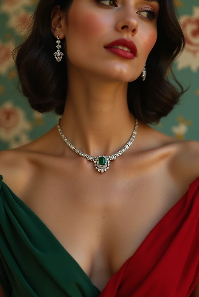 
"A woman wearing a minimalistic yet elegant silver necklace, adorned with diamonds and a single emerald at its center. The model poses gracefully in a full-body shot, showcasing a stunning dress in contrasting colors that enhances the necklace’s shine. Th...