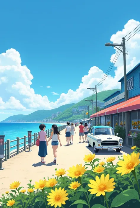 A sunny morning at the seaside, with yellow flowers blooming in front of an old-fashioned car parked by flower shops and bicycle charging stations on both sides. The ocean is calm, while people walk along it, creating a relaxed atmosphere. This scene captu...