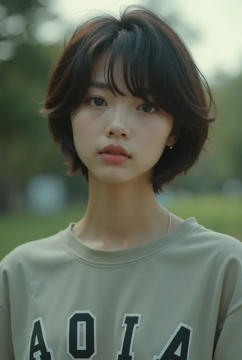 Cute Japanese Idol、Doesn&#39;t look like Korean、There are no Korean characteristics、photograph、Actual item、Casual clothing、Cinematic Light、Lomography 、Film Camera、Mid-teens、Short wolf cut hair、athlete